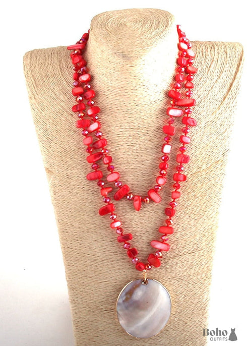 Boho Necklace, RH Big Crystal Shell Purple Necklaces